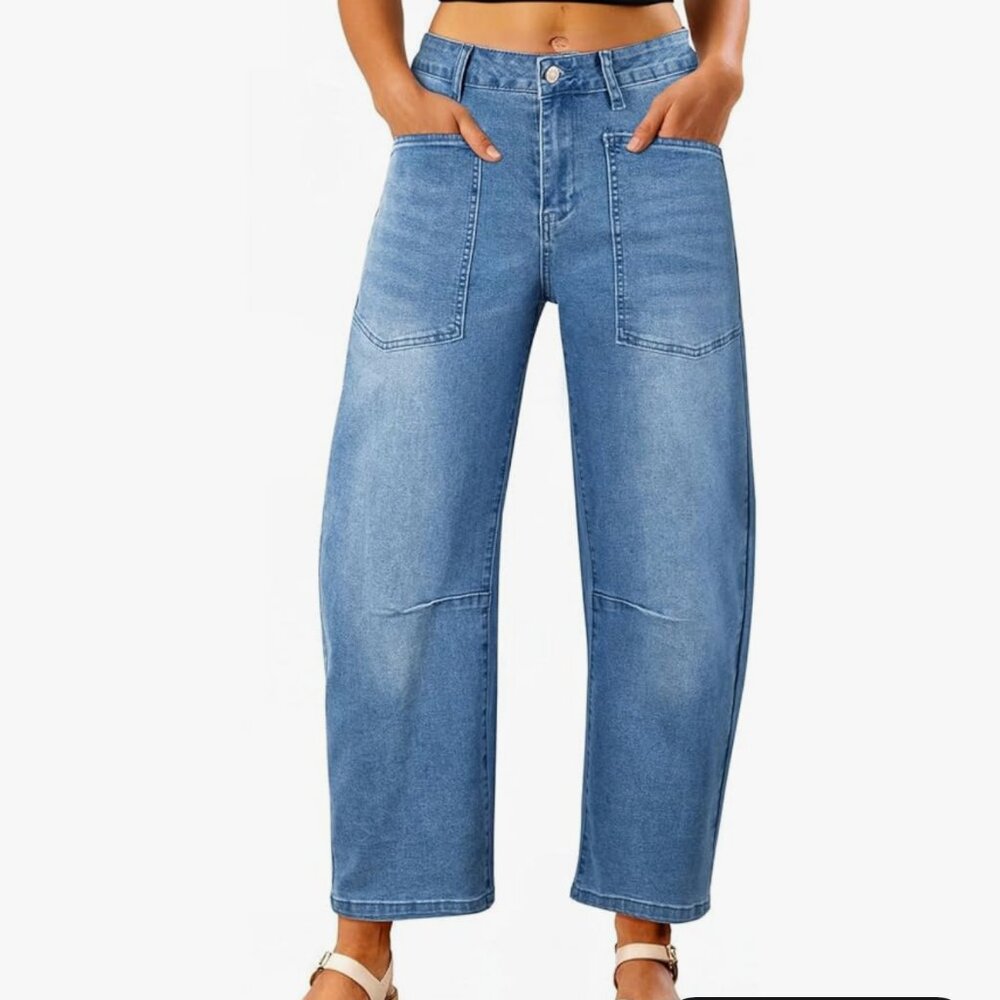 EVALESS Baggy Barrel High Waisted Wide Leg Boyfriend Denim Ankle Jeans, Size 8